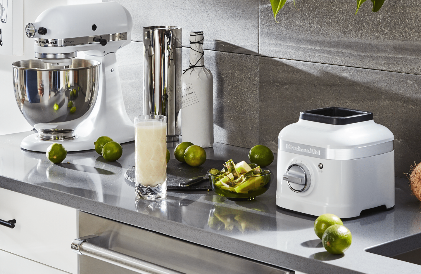 White KitchenAid® blender and stand mixer on countertop White KitchenAid® blender and stand mixer on countertop