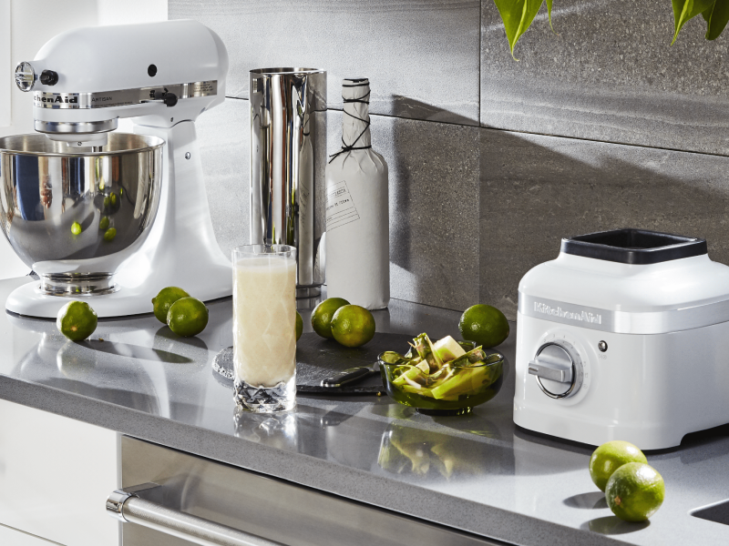 White KitchenAid® blender and stand mixer on countertop White KitchenAid® blender and stand mixer on countertop