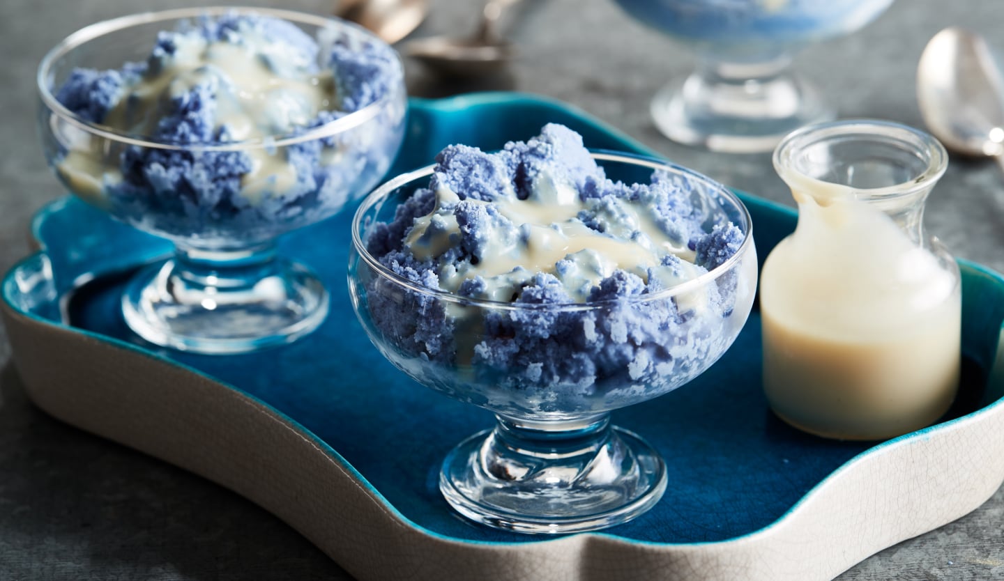 Blue granita topped with sweetened condensed milk Blue granita topped with sweetened condensed milk