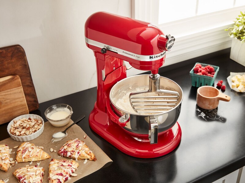 KitchenAid® pastry beater in bowl of KitchenAid® stand mixer next to homemade scones KitchenAid® pastry beater in bowl of KitchenAid® stand mixer next to homemade scones