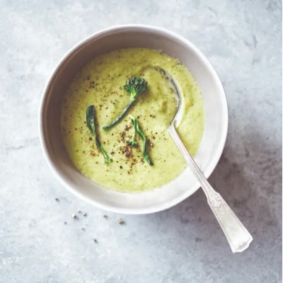 Top view of broccoli cheese soup from Yummly recipe