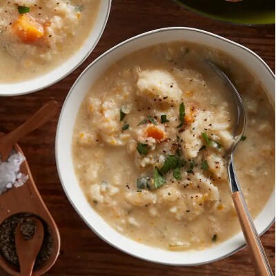 Top view of creamy cauliflower soup from Yummly recipe 