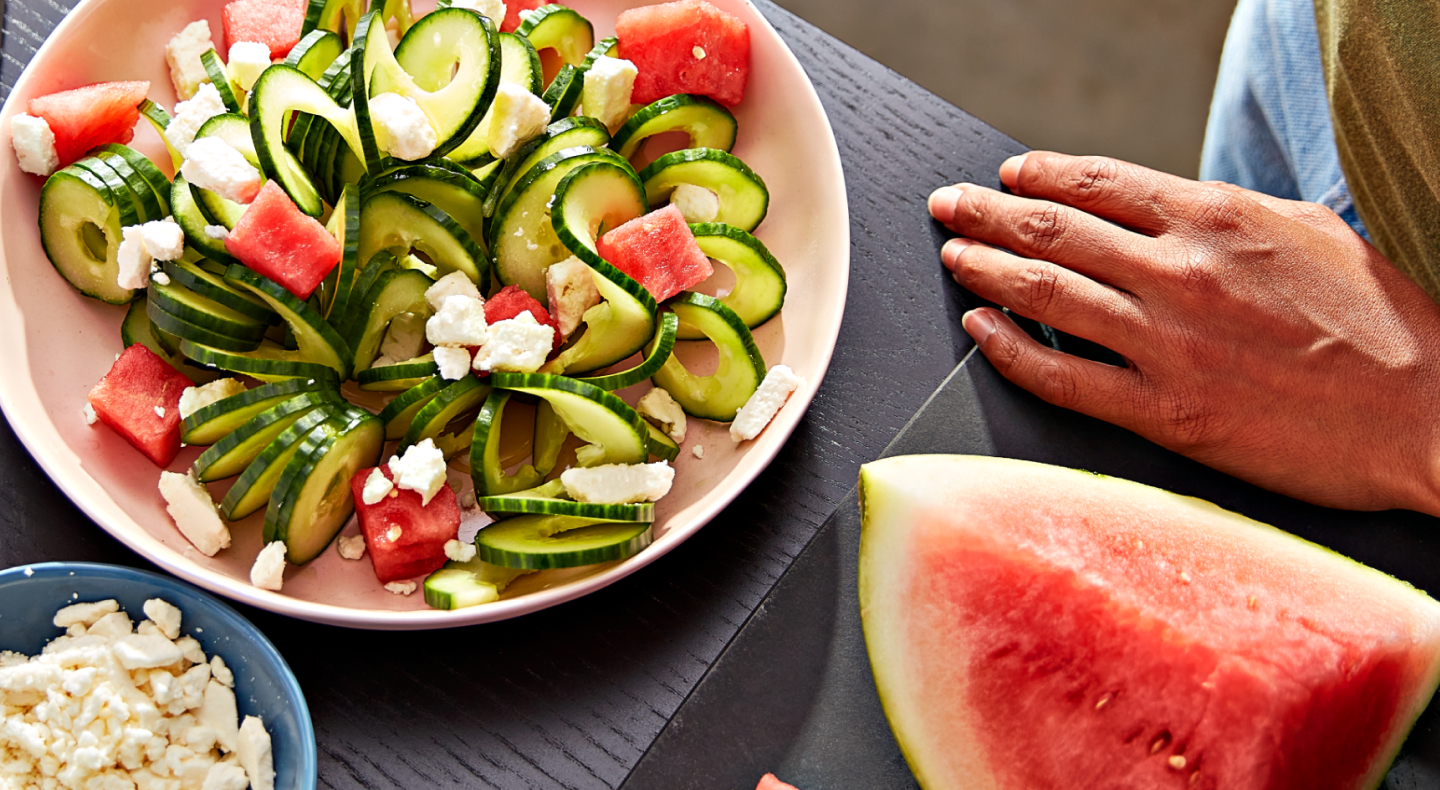 Same as Image Alt Text Salad with spiralized veggie noodles, watermelon and feta