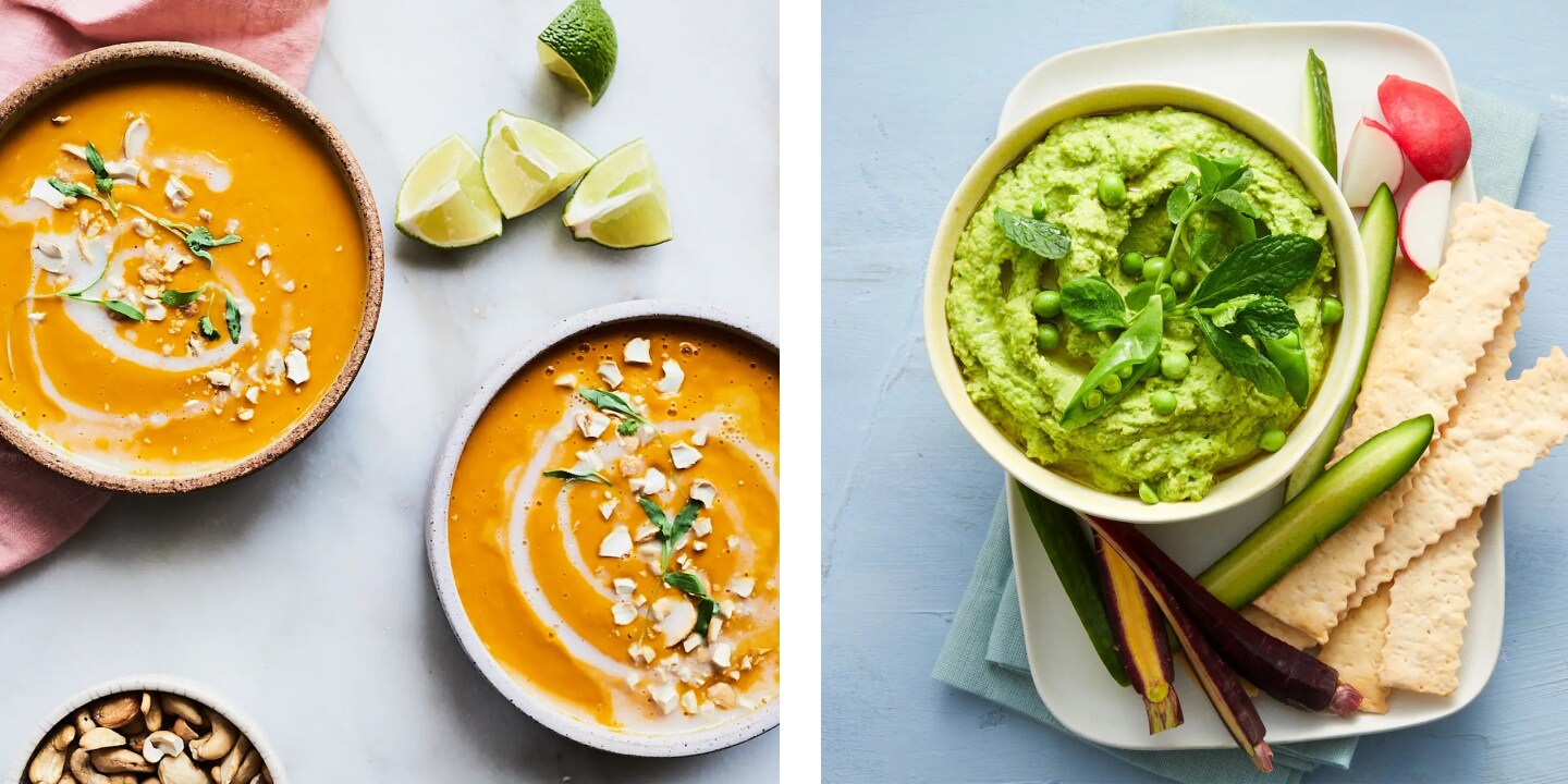 Coconut Curry Carrot and Sweet Potato Soup, Green Pea & Mint Hummus Coconut Curry Carrot and Sweet Potato Soup, Green Pea & Mint Hummus
