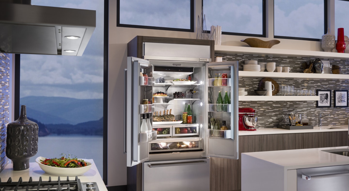 Refrigerator open to show contents Refrigerator open to show contents