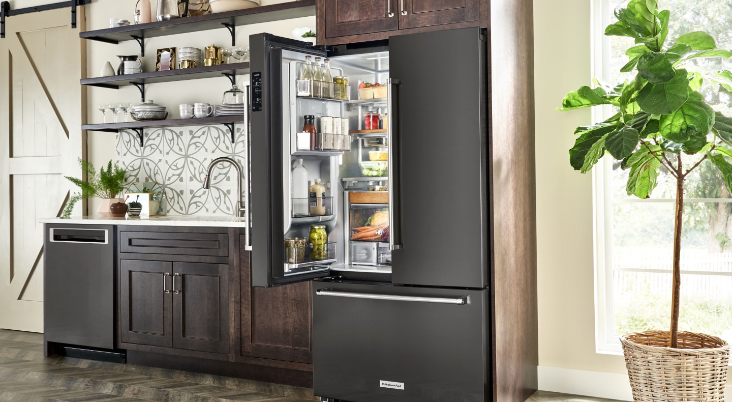 One side of french door refrigerator open One side of french door refrigerator open