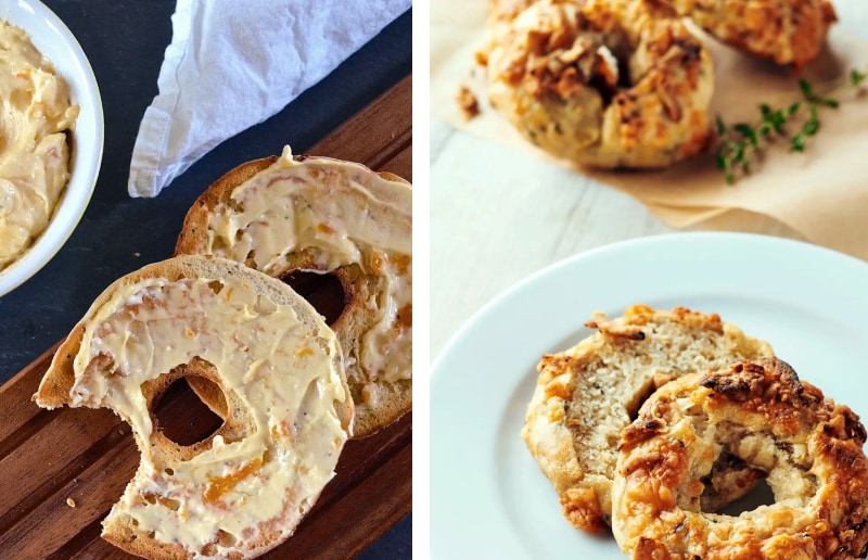 Apricot cheese spread on a bagel and parmesan herb bagels Apricot cheese spread on a bagel and parmesan herb bagels