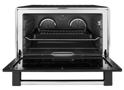 A front-view of a black KitchenAid® countertop oven