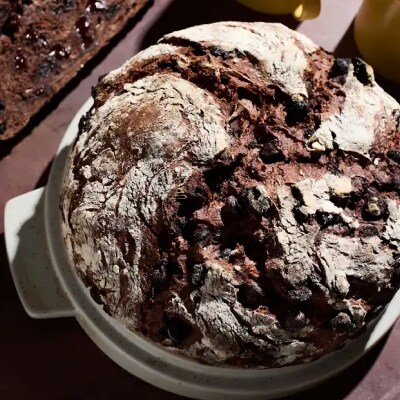 A loaf of chocolate cherry rye bread