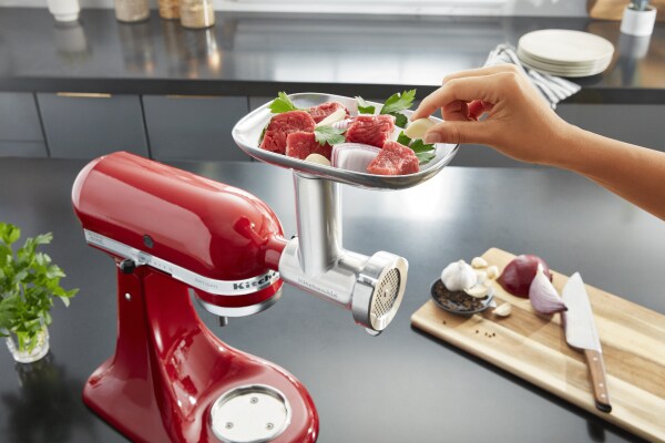 Meat and vegetables in the KitchenAid brand Metal Food Grinder