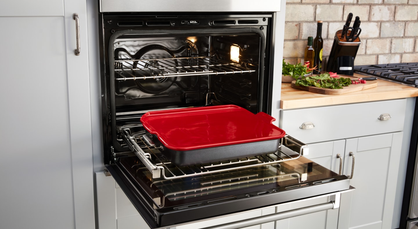 KitchenAid® Smart Oven+ open to reveal Baking Stone Attachment KitchenAid® Smart Oven+ open to reveal Baking Stone Attachment