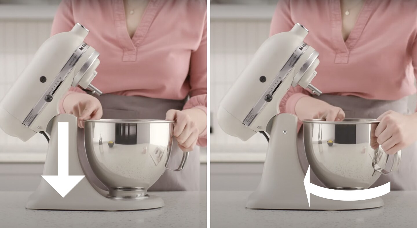 Infographic of person attaching mixing bowl to white stand mixer Infographic of person attaching mixing bowl to white stand mixer