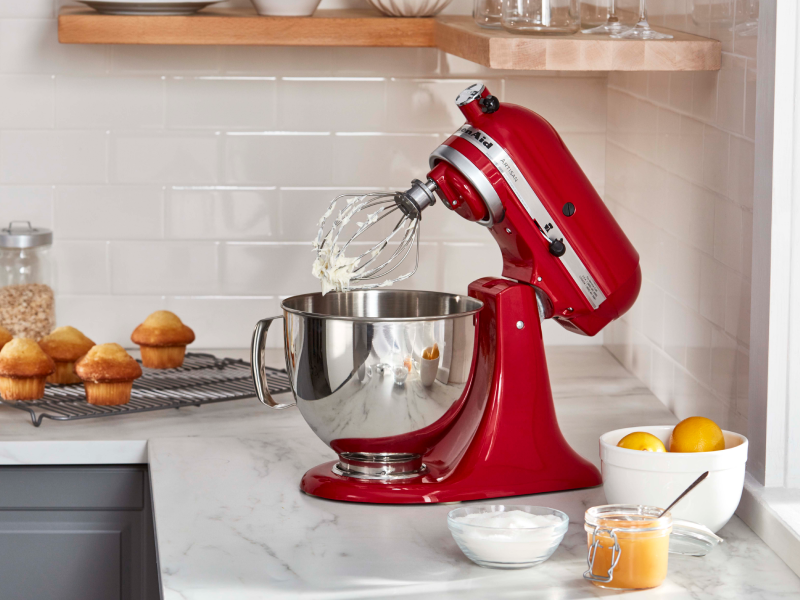 KitchenAid® stand mixer with a wire whisk attachment for whipping egg whites.