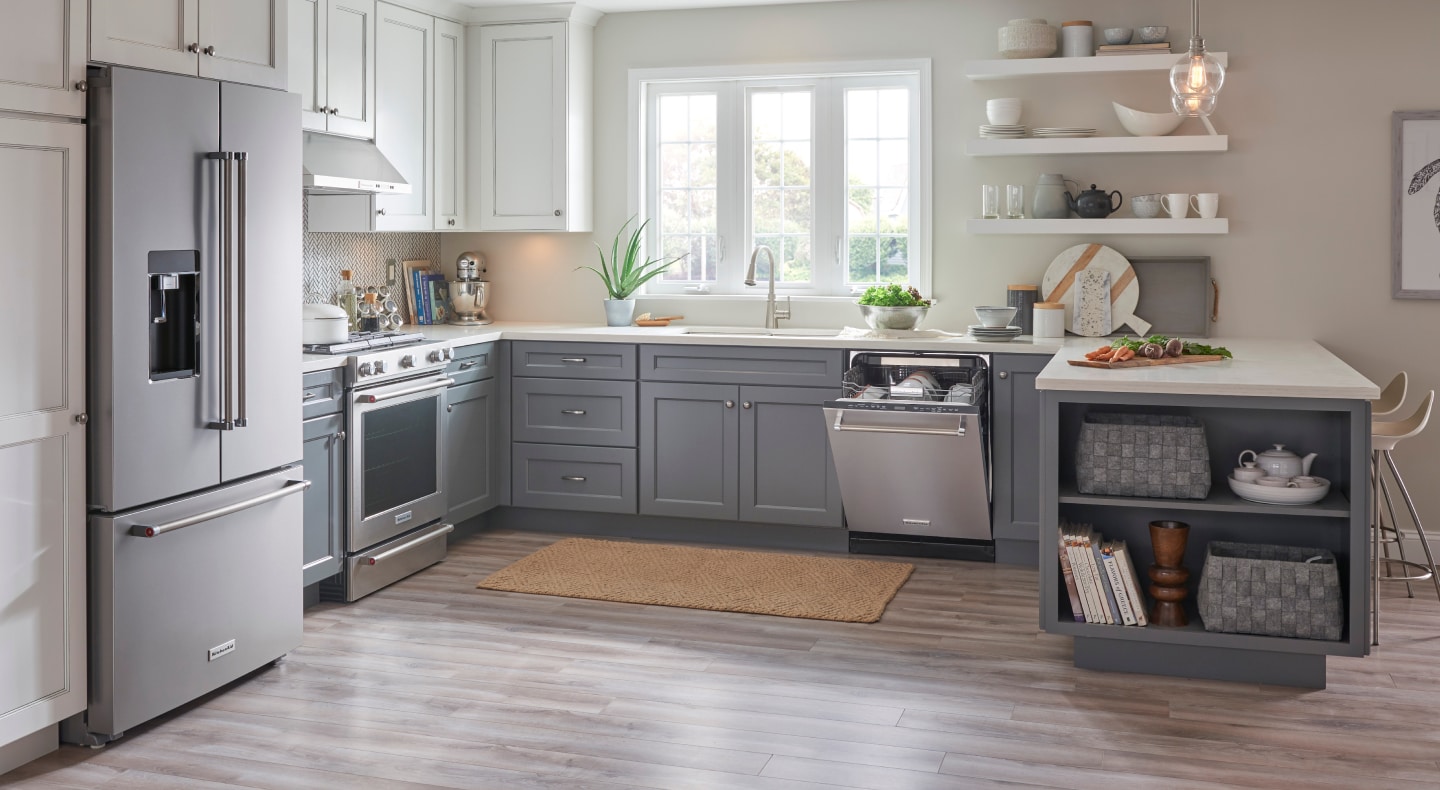 Gray and white kitchen with stainless steel KitchenAid® appliances Gray and white kitchen with stainless steel KitchenAid® appliances