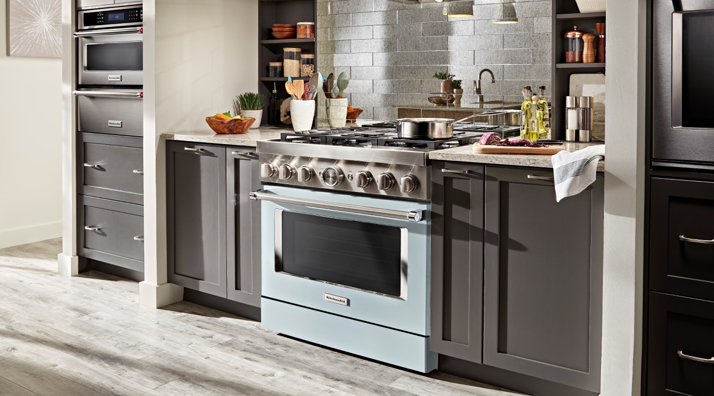 Blue KitchenAid® gas range installed in an updated kitchen Blue KitchenAid® gas range installed in an updated kitchen