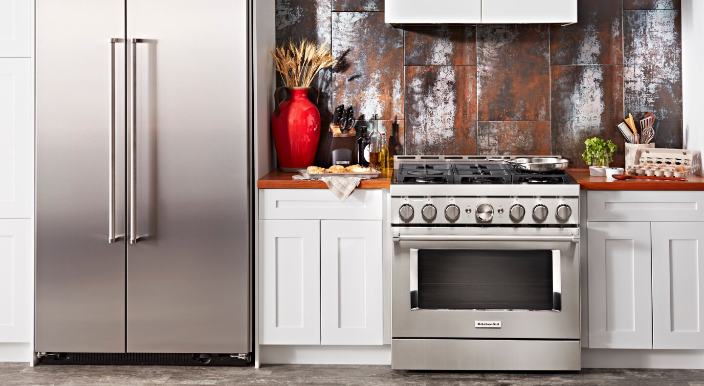 Stainless steel KitchenAid® gas range and side-by-side refrigerator Stainless steel KitchenAid® gas range and side-by-side refrigerator