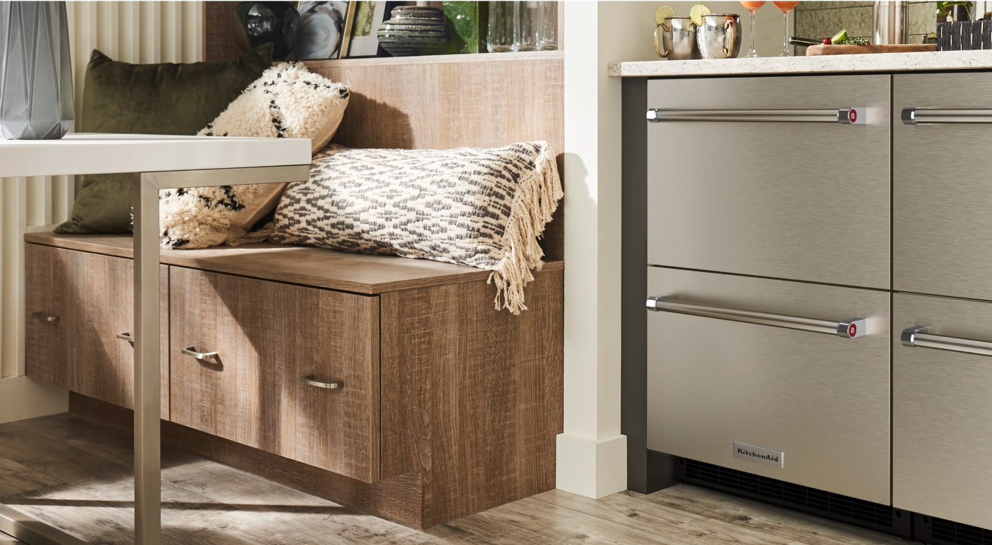 Breakfast nook next to KitchenAid® stainless steel undercounter refrigerator drawers Breakfast nook next to KitchenAid® stainless steel undercounter refrigerator drawers