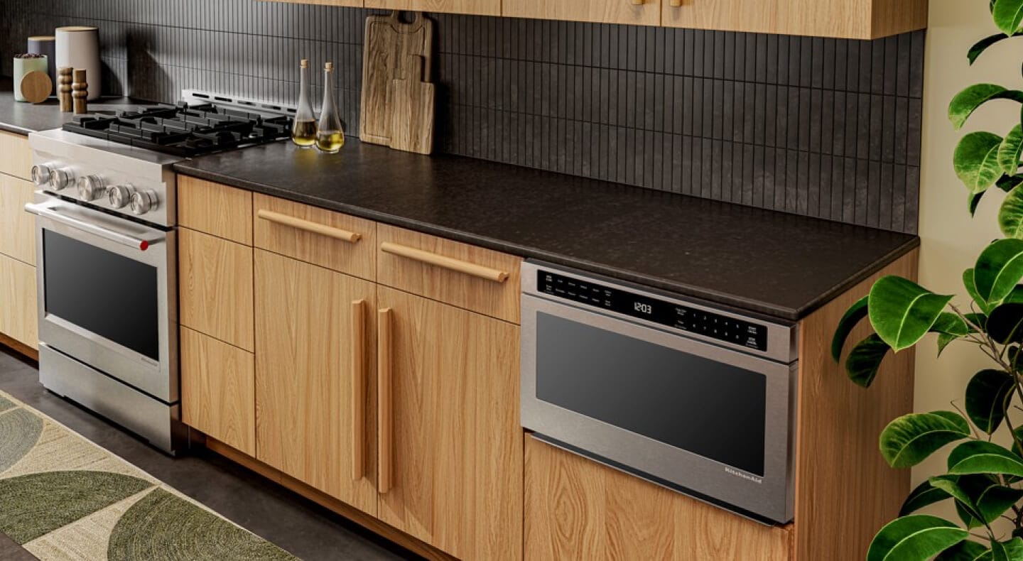 KitchenAid® Under-Counter Microwave Drawer in wood-toned cabinetry