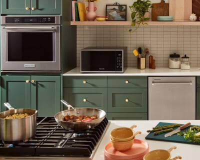 KitchenAid® wall oven, cooktop and microwave appliance suite in a modern kitchen
