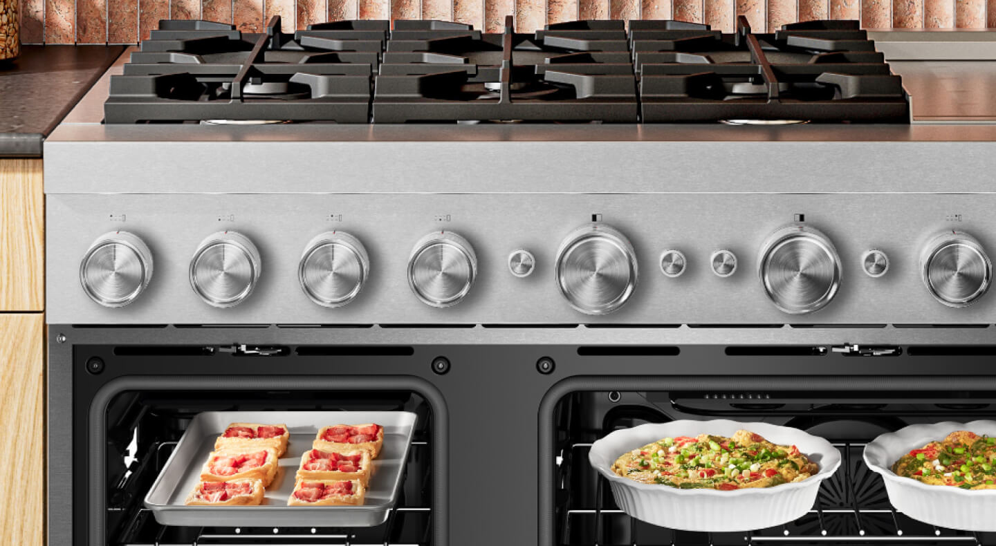 Range open to show cooked food inside