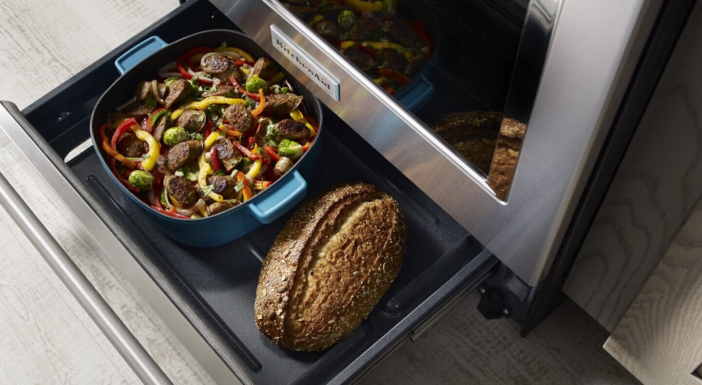 Cooked food in a KitchenAid® warming drawer