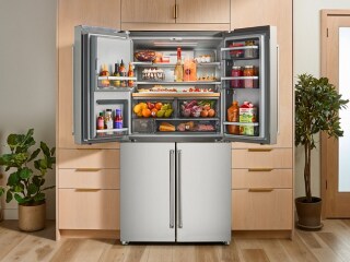 An opened KitchenAid® refrigerator stocked with fruits and vegetables