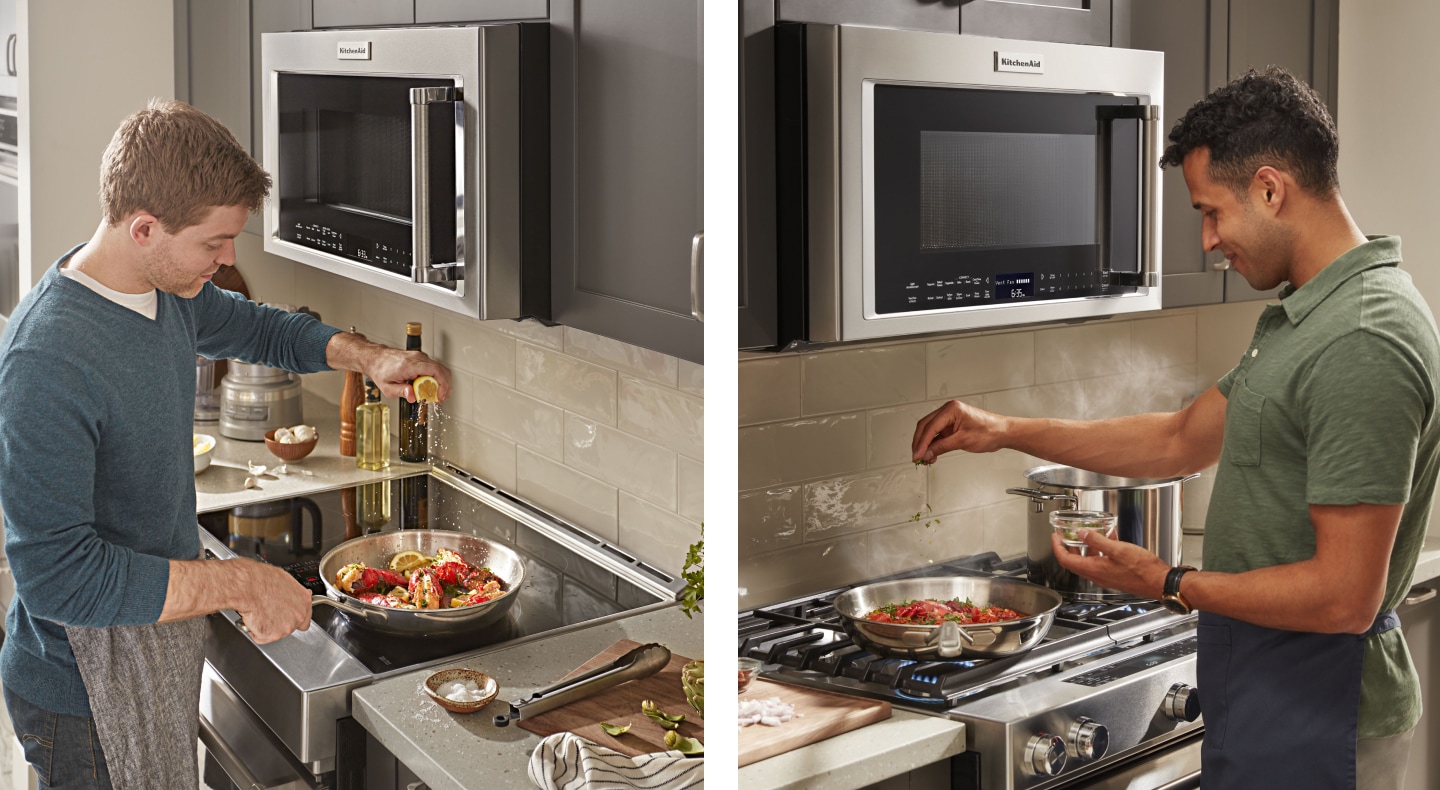 Side-by-side images of men cooking on gas and electric stoves Side-by-side images of men cooking on gas and electric stoves