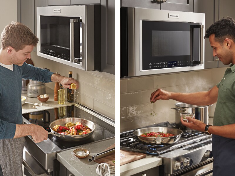 Side-by-side images of men cooking on gas and electric stoves Side-by-side images of men cooking on gas and electric stoves