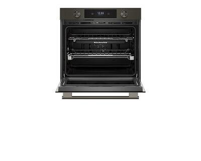 A single wall oven with the door open showing the interior