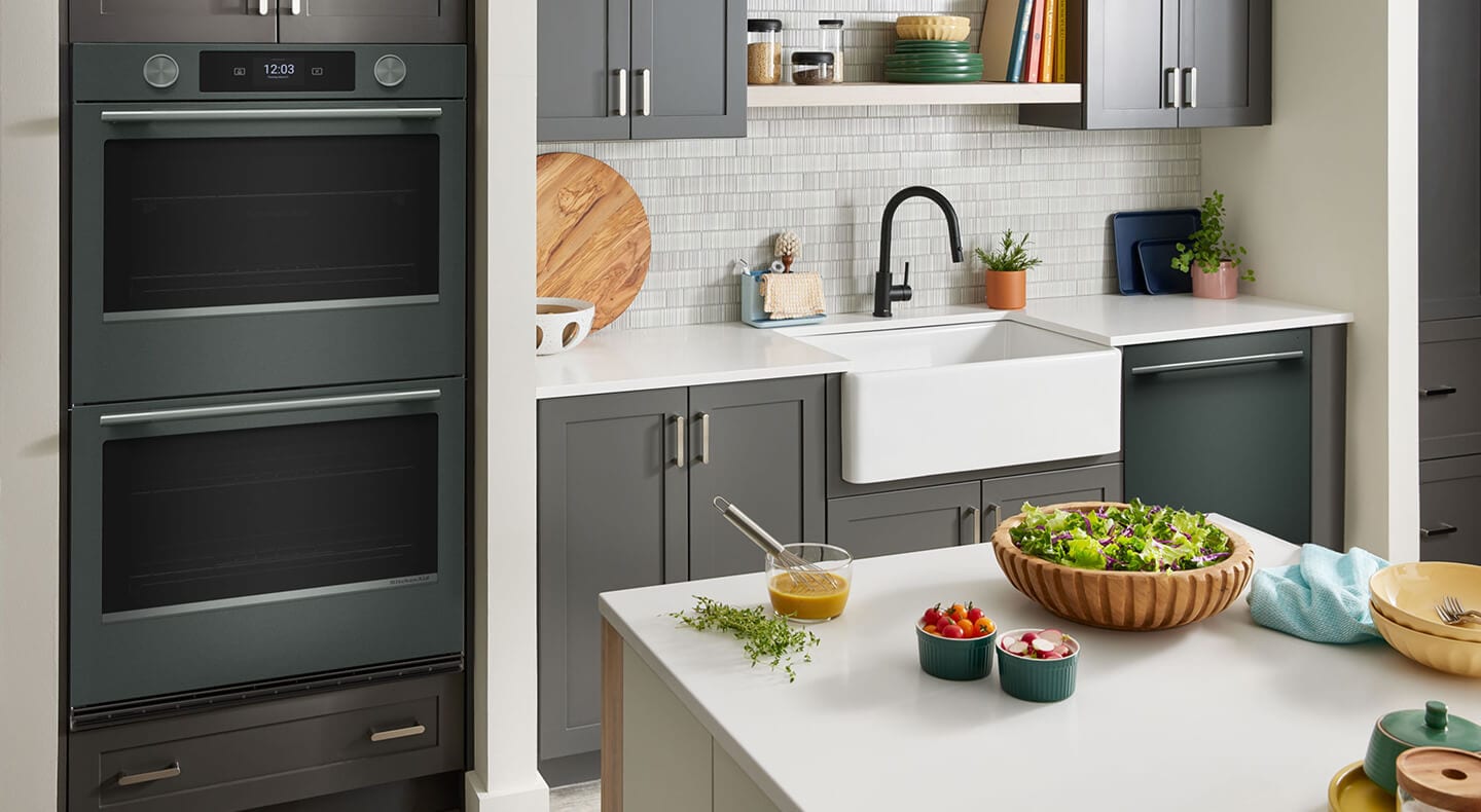 A kitchen with a KitchenAid® smart electric double wall oven 