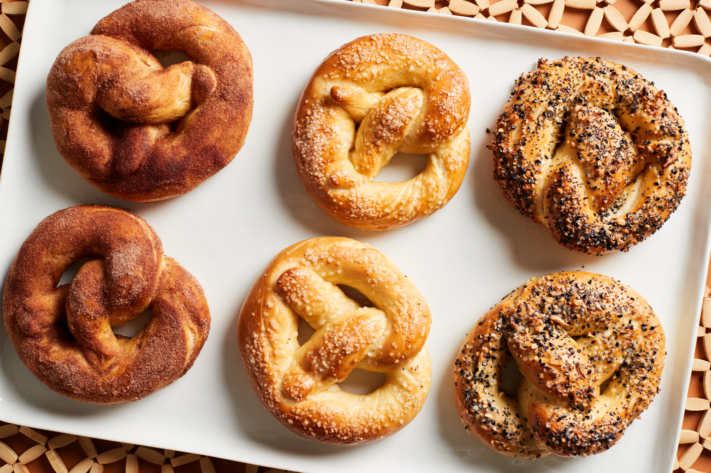 Platter of cinnamon sugar, salted and everything soft pretzels Platter of cinnamon sugar, salted and everything soft pretzels