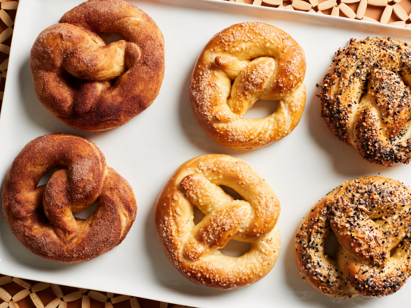 Platter of cinnamon sugar, salted and everything soft pretzels Platter of cinnamon sugar, salted and everything soft pretzels