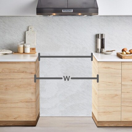 Black range with appliance width diagrammed