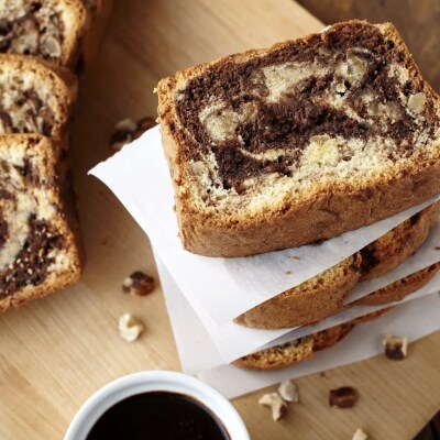 Stacked slices of marbled pound cake