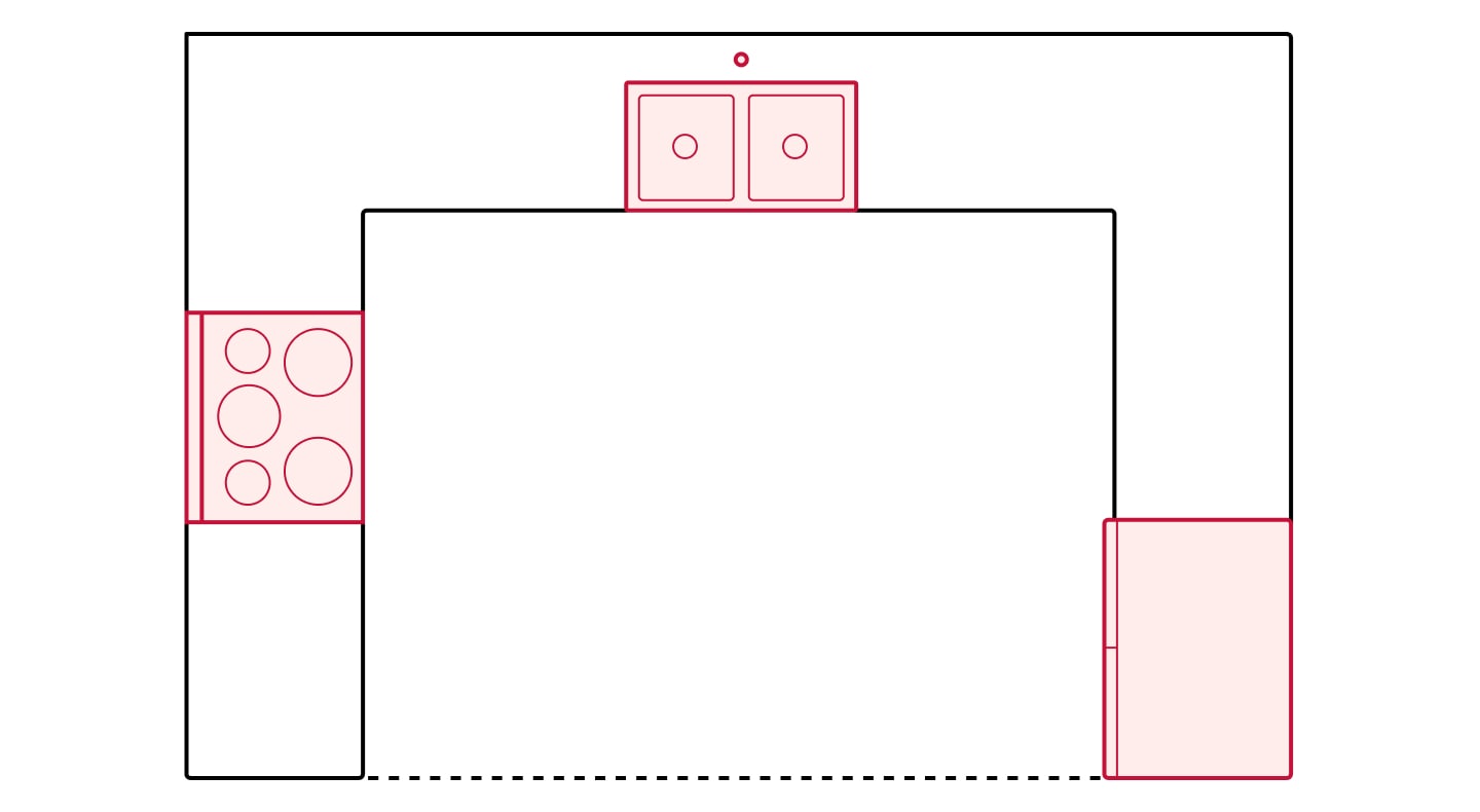 U-shaped kitchen floorplan drawing showing appliance placements U-shaped kitchen floorplan drawing showing appliance placements