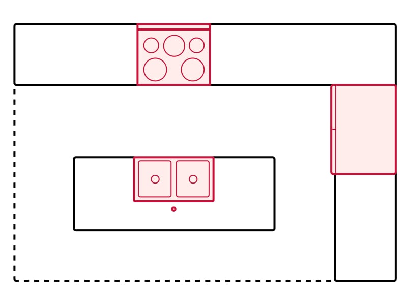Island kitchen floorplan drawing showing appliance placements Island kitchen floorplan drawing showing appliance placements