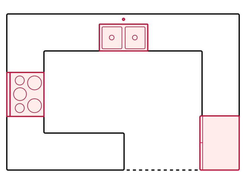 G-shaped kitchen floorplan drawing showing appliance placements G-shaped kitchen floorplan drawing showing appliance placements