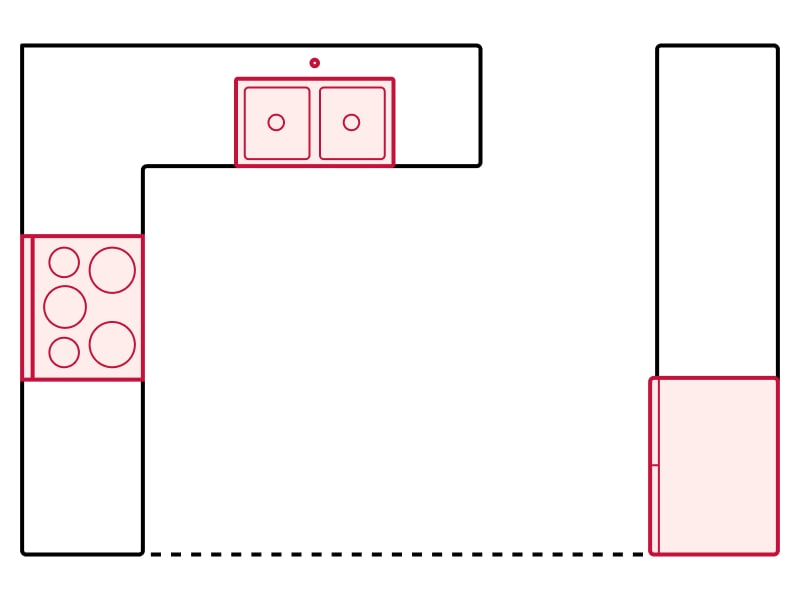 Broken U- or L-shaped kitchen floorplan drawing showing appliance placements Broken U- or L-shaped kitchen floorplan drawing showing appliance placements