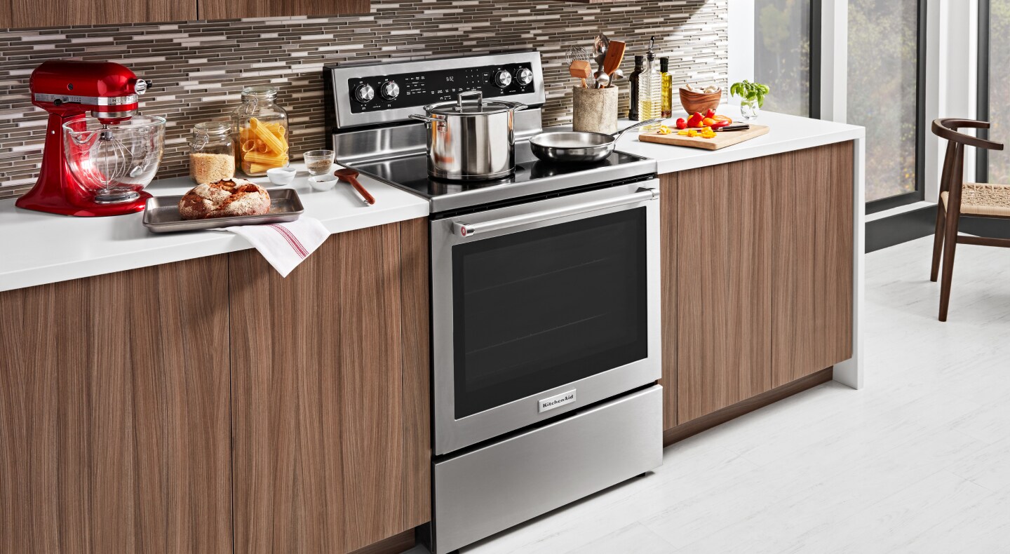 A stainless steel KitchenAid® freestanding gas range. A stainless steel KitchenAid® freestanding gas range.