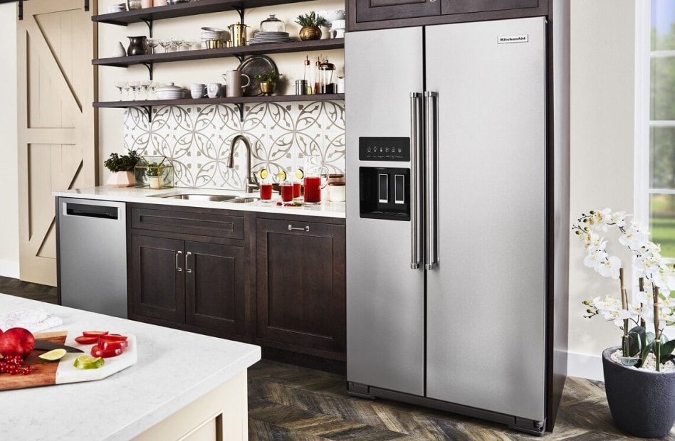 Stainless steel counter-depth refrigerator style in kitchen Stainless steel counter-depth refrigerator style in kitchen
