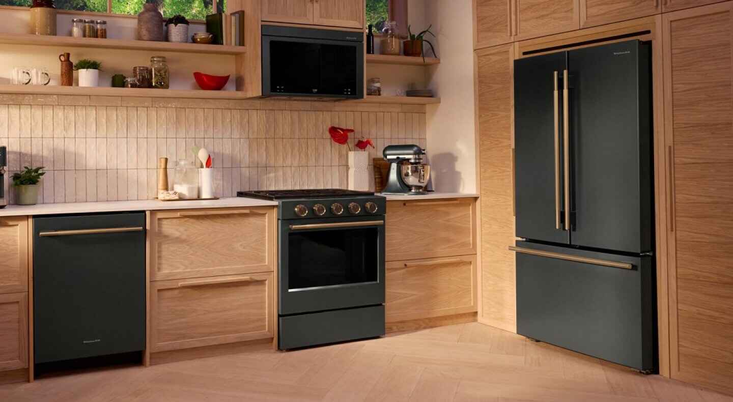 A Juniper green French door refrigerator with customized handles