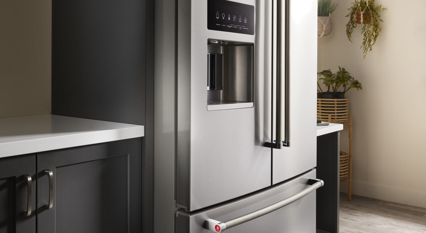  Closeup of a standard-depth stainless steel refrigerator