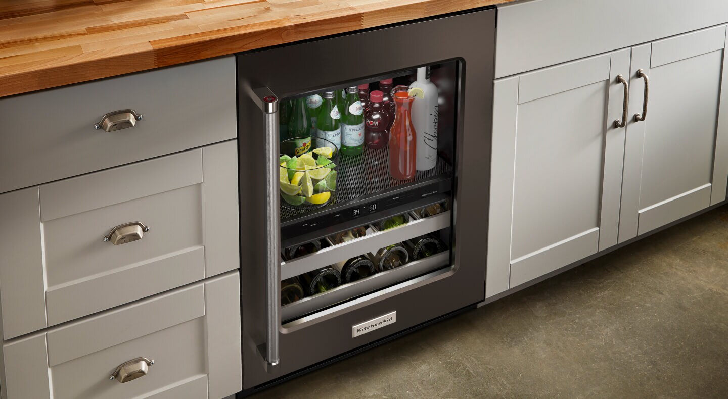 Black stainless steel KitchenAid® undercounter beverage center