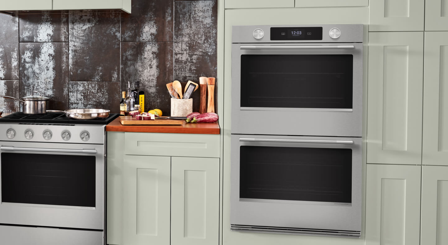 Double wall oven in a white kitchen