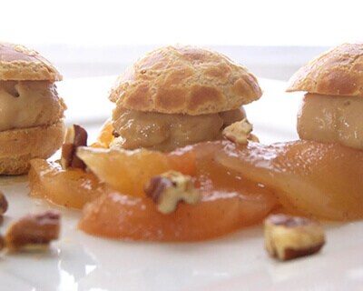 Profiteroles With Salted Caramel Ice Cream And Poached Spiced Pears