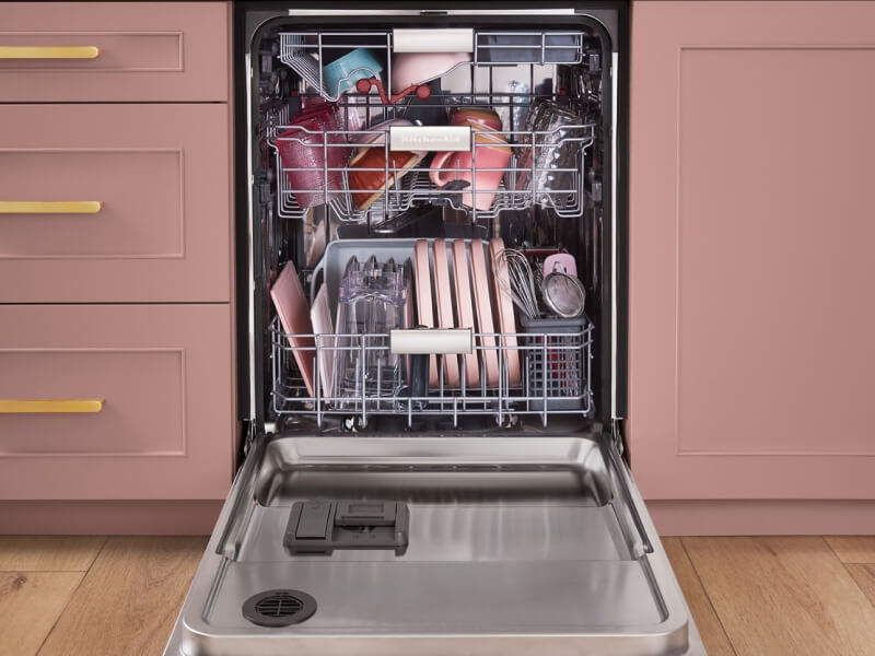Dishes loaded into all three racks of an open dishwasher