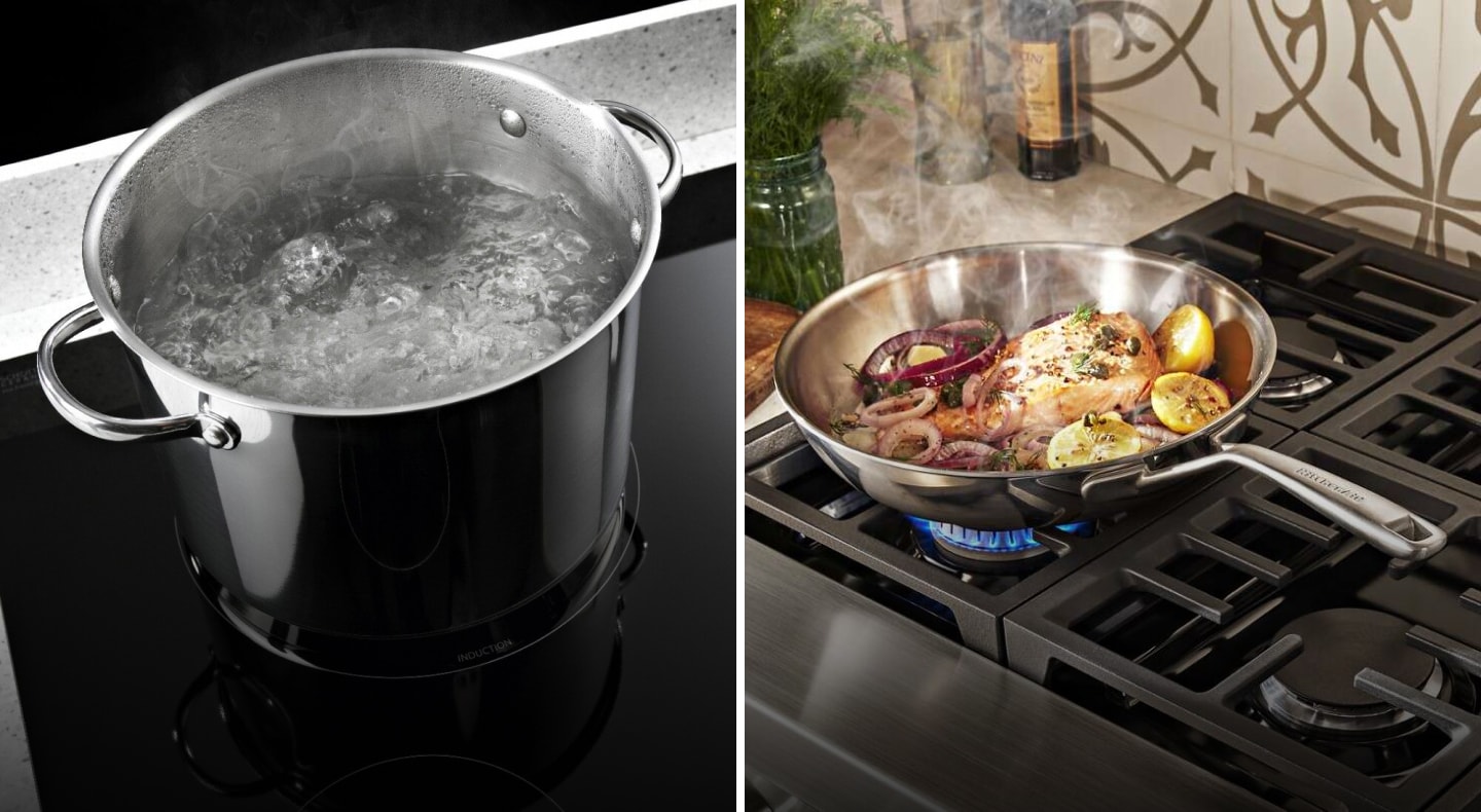 Split image of water boiling in a stockpot next to fish, onions and lemons simmering above a gas stovetop flame Split image of water boiling in a stockpot next to fish, onions and lemons simmering above a gas stovetop flame