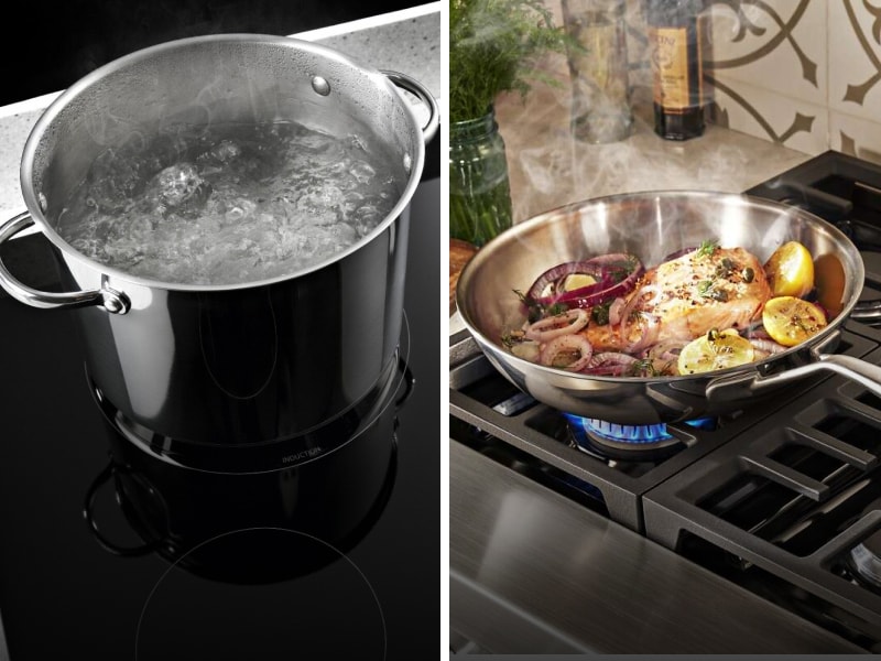 Split image of water boiling in a stockpot next to fish, onions and lemons simmering above a gas stovetop flame Split image of water boiling in a stockpot next to fish, onions and lemons simmering above a gas stovetop flame