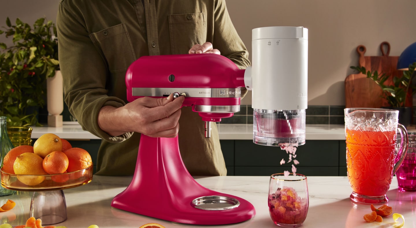 KitchenAid® stand mixer with shave ice attachment making frozen treats KitchenAid® stand mixer with shave ice attachment making frozen treats