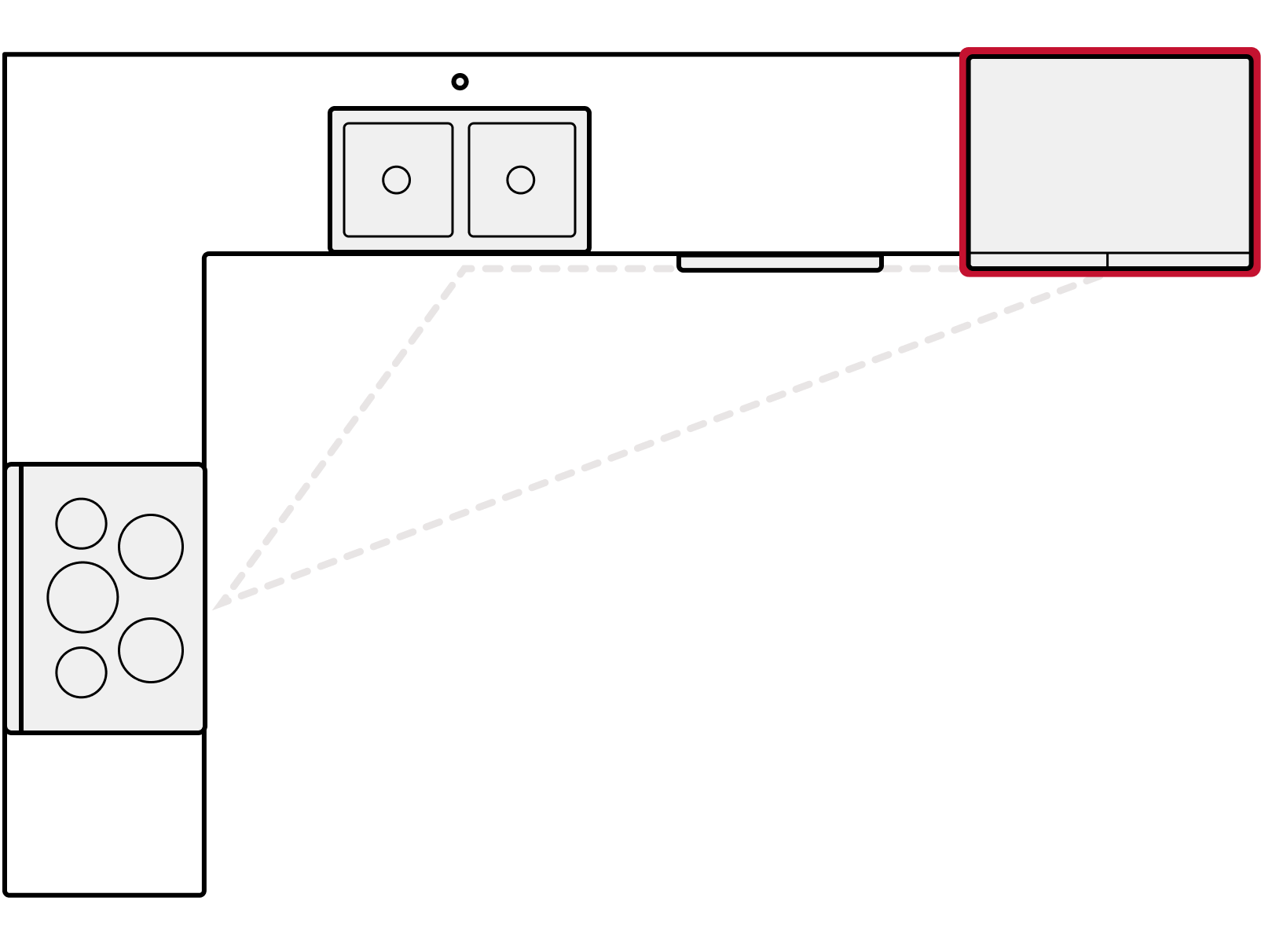 Diagram showing refrigerator placement in L-shaped kitchen Diagram showing refrigerator placement in L-shaped kitchen